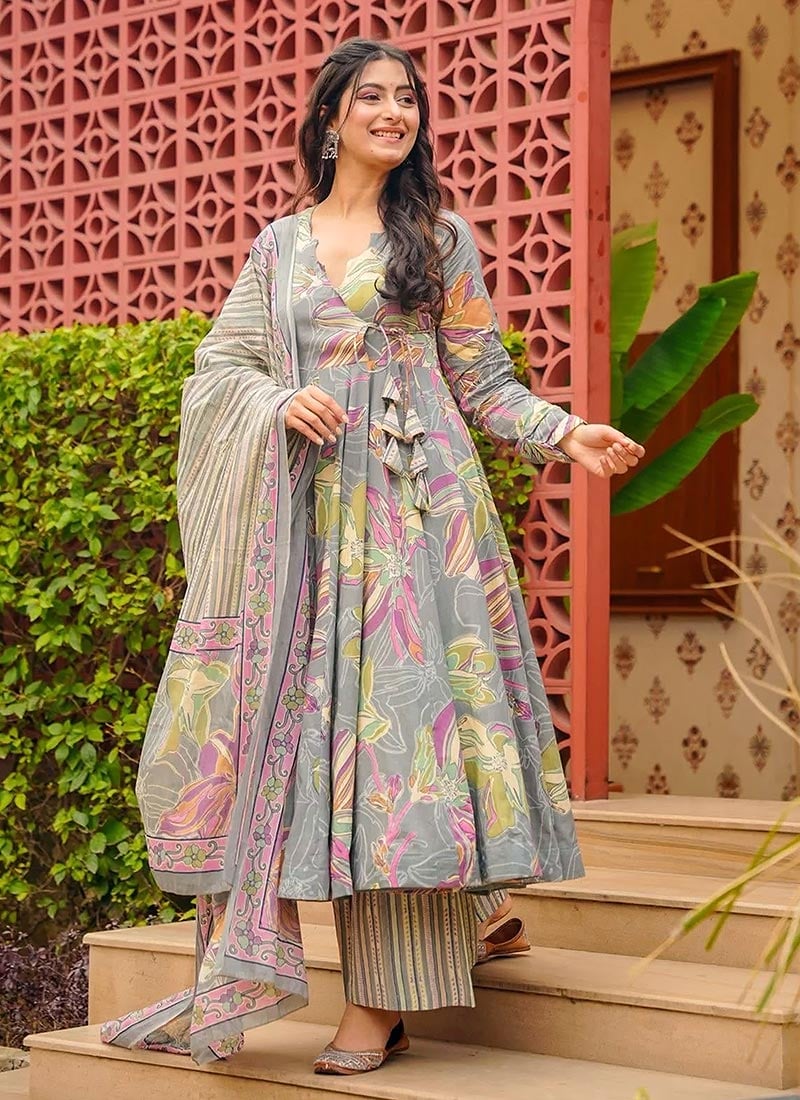 Grey Muslin Digital Print Anarkali Suit After Six Wear