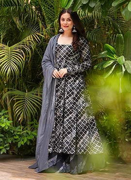Grey Muslin Digital Print Flared Anarkali Suit