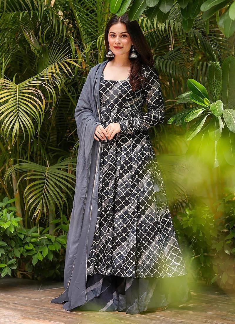 Grey Muslin Digital Print Flared Anarkali Suit After Six Wear