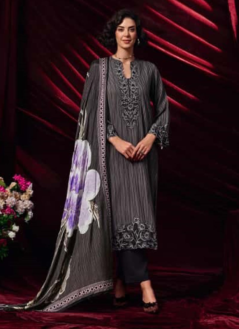 Grey Muslin Digital Print Straight Pant Suit After Six Wear