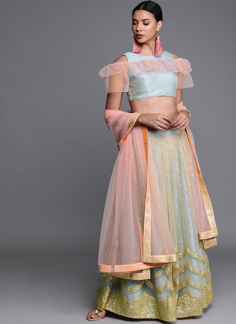 Grey N Peach Embroidered Gathered Lehenga