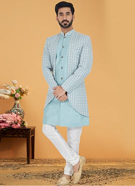 Grey N Sky Blue Banarasi Dupion Silk Embroidered Indowestern Sherwani