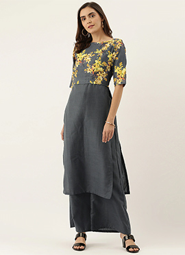 Grey N Yellow Printed Rayon Boat Neck Kurta Set