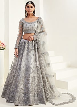 Grey Net Embroidered A Line Lehenga