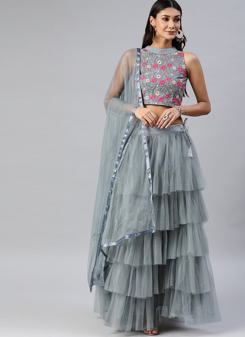 Grey Net Embroidered A Line Lehenga Festive Wear