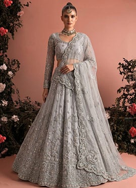 Grey Net Embroidered Lehenga