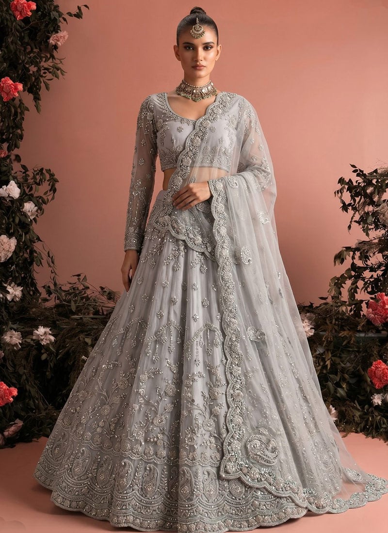Grey Net Embroidered Lehenga Wedding Wear