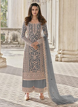 Grey Net Embroidered Palazzo Suit