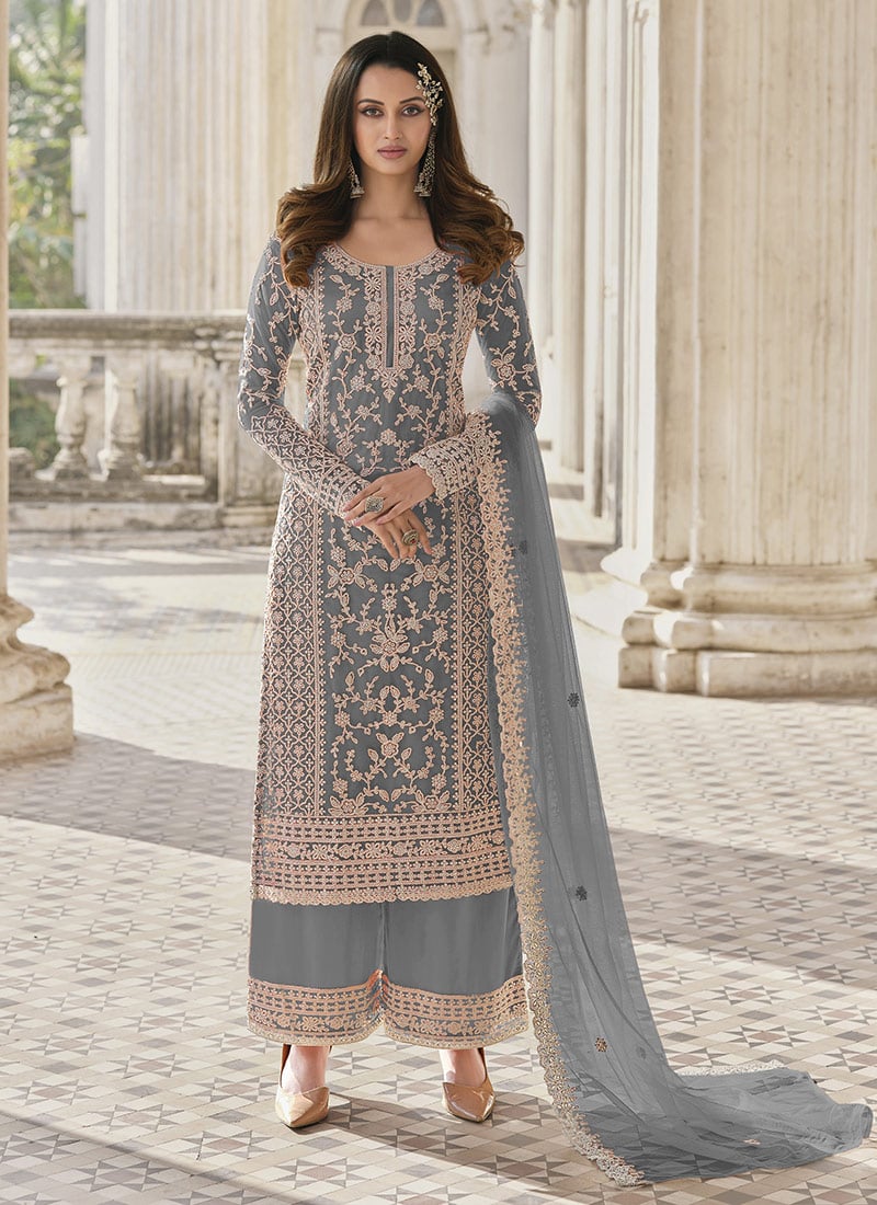 Grey Net Embroidered Palazzo Suit Festive Wear