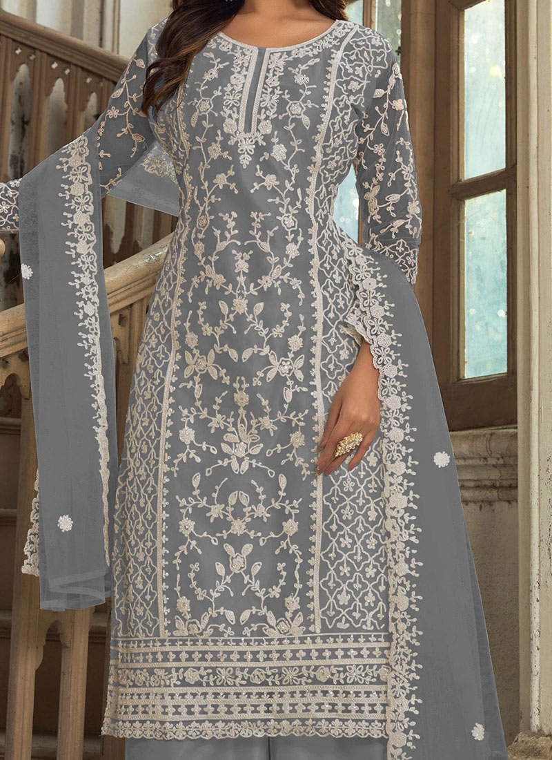 Grey Readymade Embroidered Silk Palazzo Suit main image 0