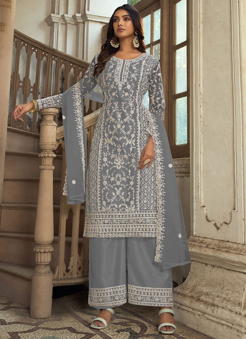 Grey Net Embroidered Palazzo Suit Party Wear