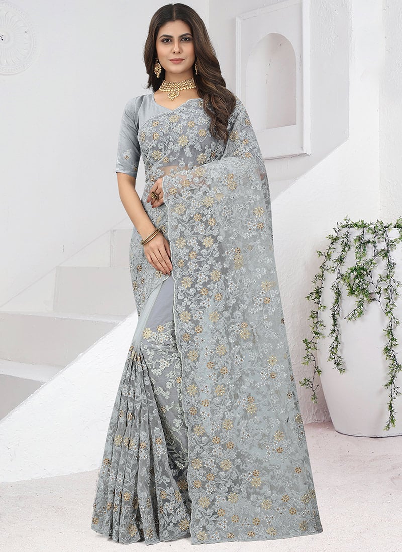 Grey Net Embroidered Saree