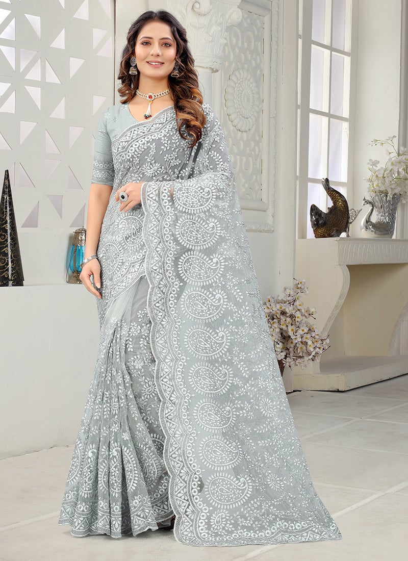 Grey Net Embroidered Saree
