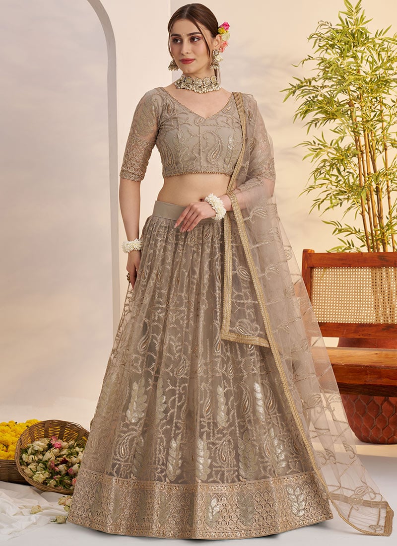 Grey Net Embroidered Sequins Lehenga Wedding Wear