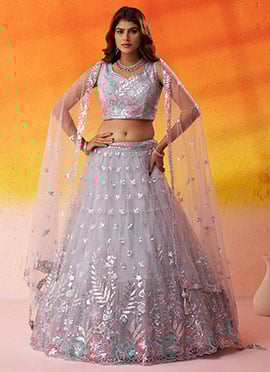 Grey Net Embroidered Sequins Lehenga Wedding Wear