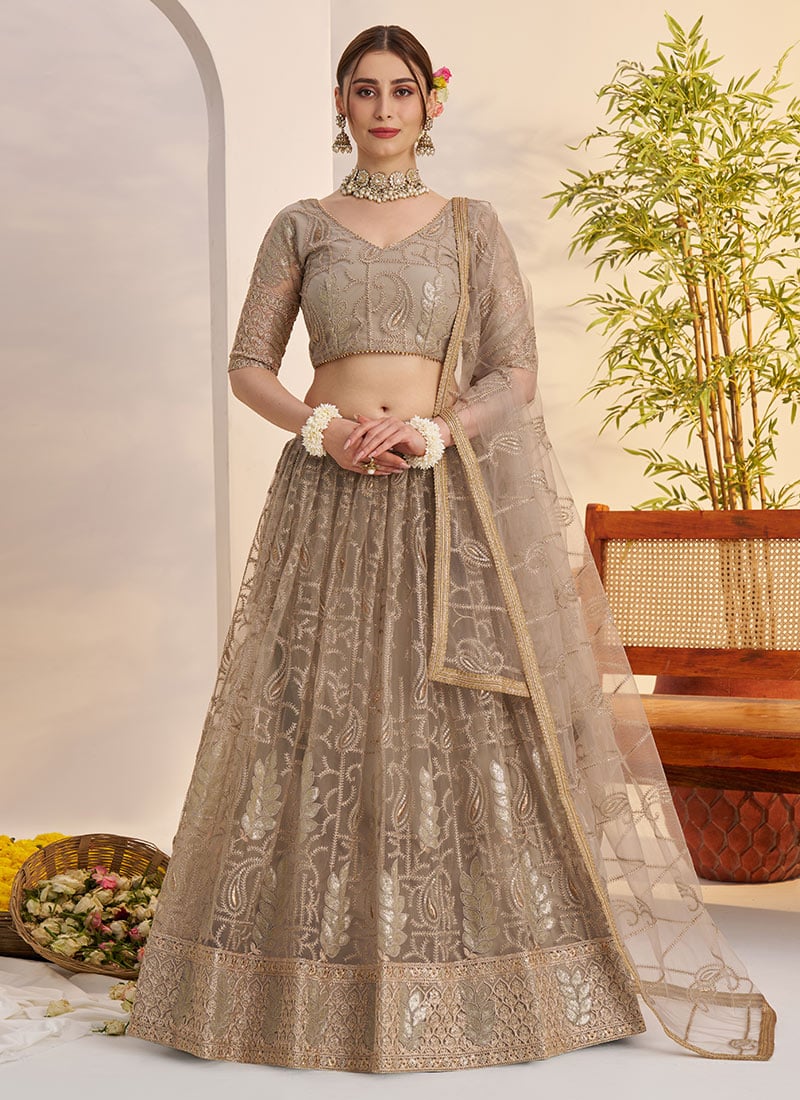 Grey Net Embroidered Sequins Umbrella Lehenga Wedding Wear