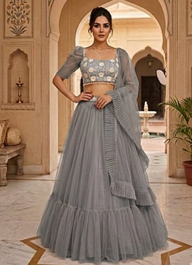 Grey Net Hand Embroidered Sequins Lehenga
