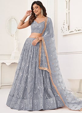 Grey Net Hand Work Chic Umbrella Lehenga With Embroidery And Sequins