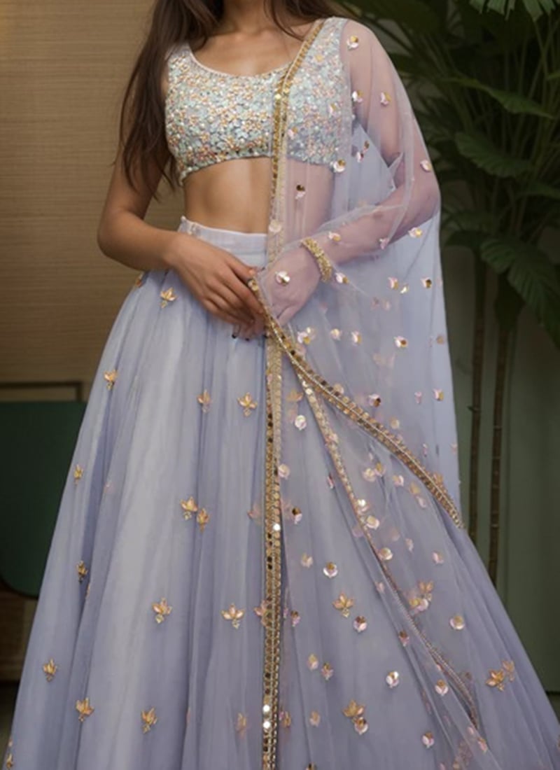 Sequined Halter Neck Top And Multicolour Shiny Lehenga With Net Dupatta