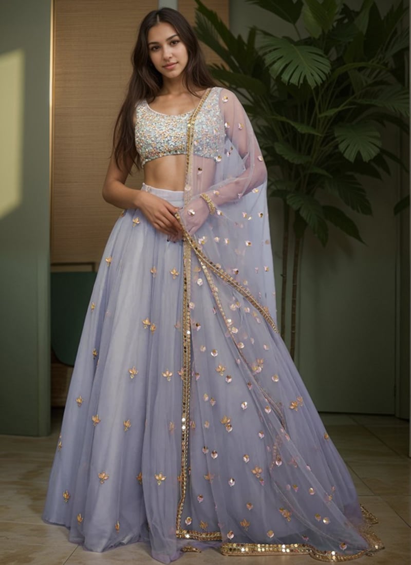 Grey Net Sequins And Pearl Hand Embroidered Lehenga Wedding Wear
