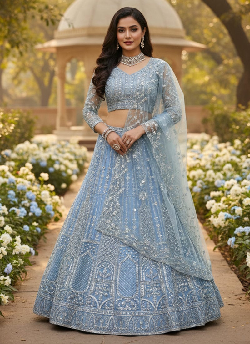 Grey Net Sequins Embroidered Coding Umbrella Lehenga Wedding Wear