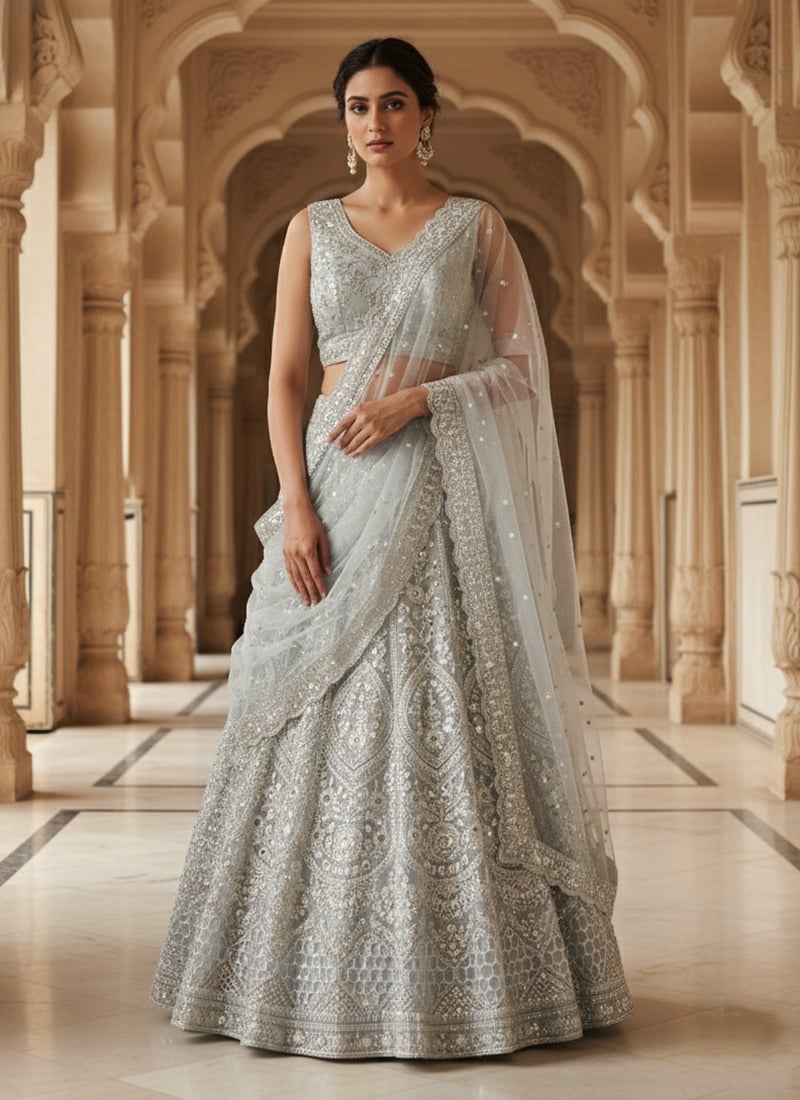 Grey Net Sequins Embroidered Festive Lehenga Choli Wedding Wear