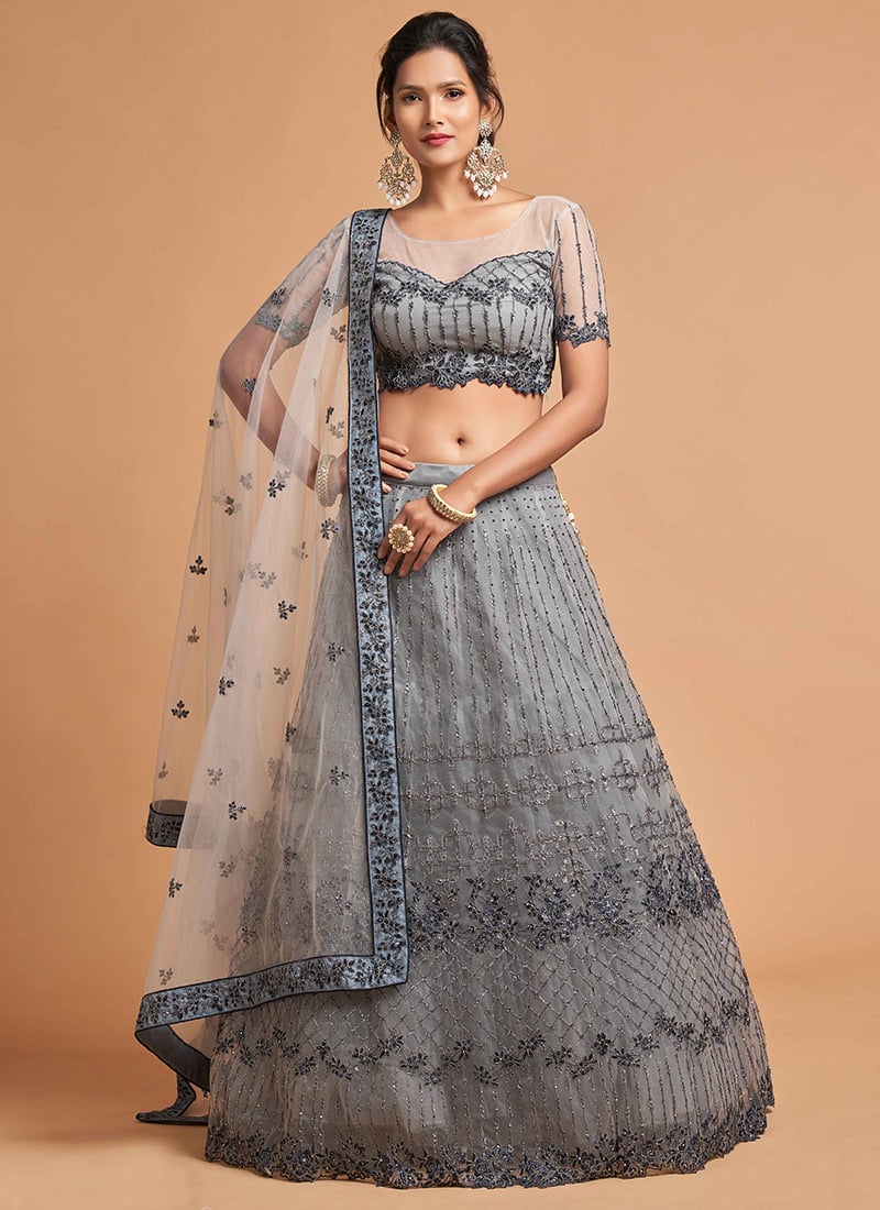 Grey Net Sequins Embroidered Umbrella Lehenga Wedding Wear