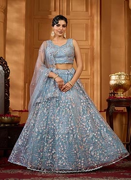 Grey Net Sequins Embroidered Umbrella Lehenga Wedding Wear