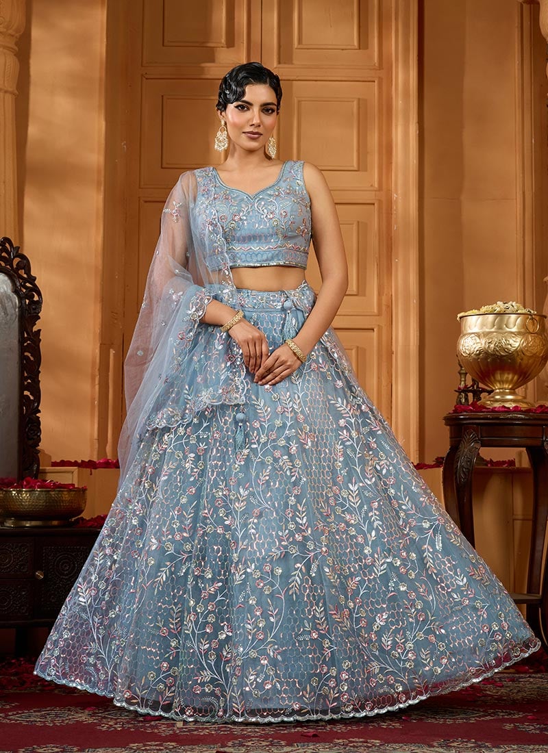 Grey Net Sequins Embroidered Umbrella Lehenga Wedding Wear