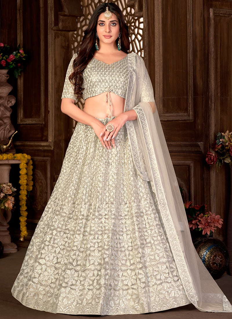 Cream Net Sequins Umbrella Lehenga Party Wear