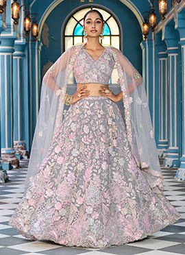 Grey Net Sequins Zari Embroidered With Stone Work  Lehenga