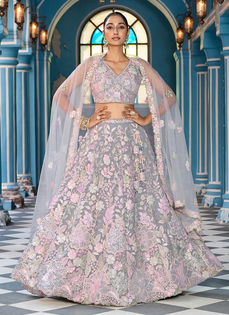 Grey Net Sequins Zari Embroidered With Stone Work  Lehenga Wedding Wear