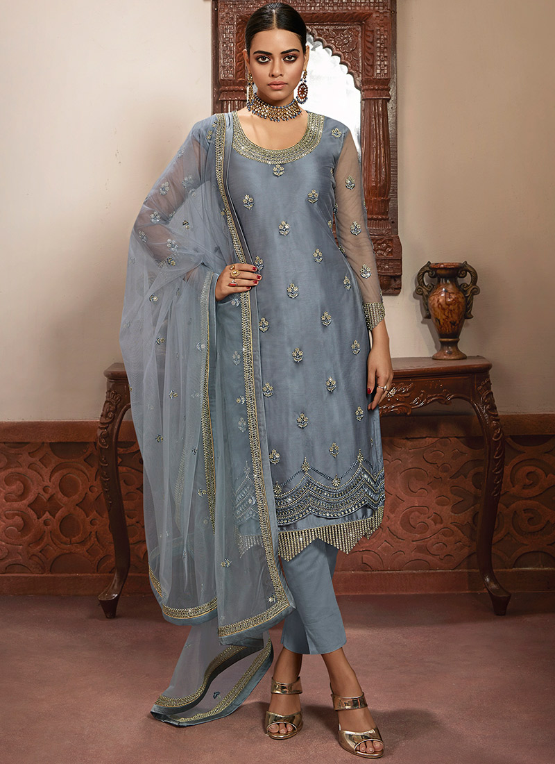 Grey Net Straight Pant Suit Party Wear 