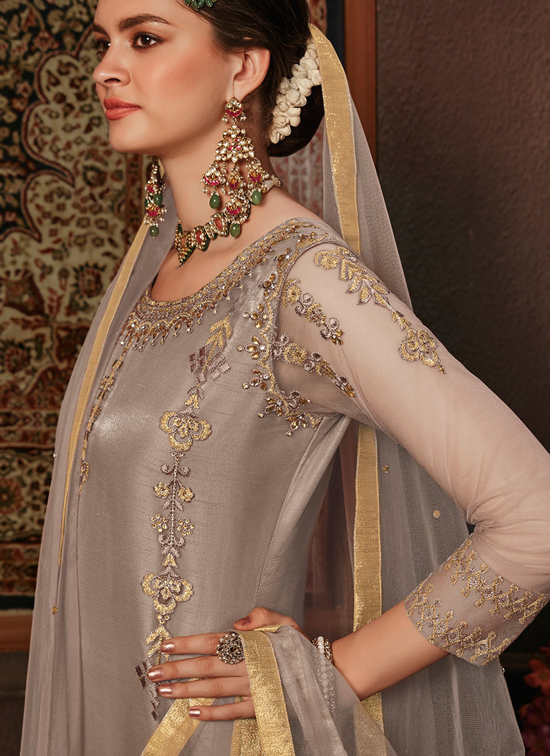 Buy Grey Net Straight Pant Suit, Embroidered, straight pant suit Online