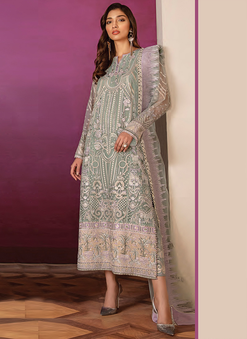 Buy Grey Net Straight Pant Suit, Embroidered, straight pant suit Online