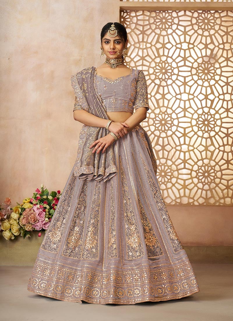 Grey Net Tissue Zari Embroidered Sequins Stone And Gota Work  Lehenga Wedding Wear