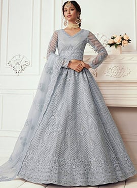 Grey Net Wedding Umbrella Lehenga