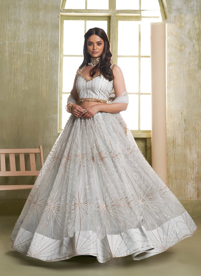 Grey Net Zari Embroidered Sequins Gorgeous Lehenga Wedding Wear