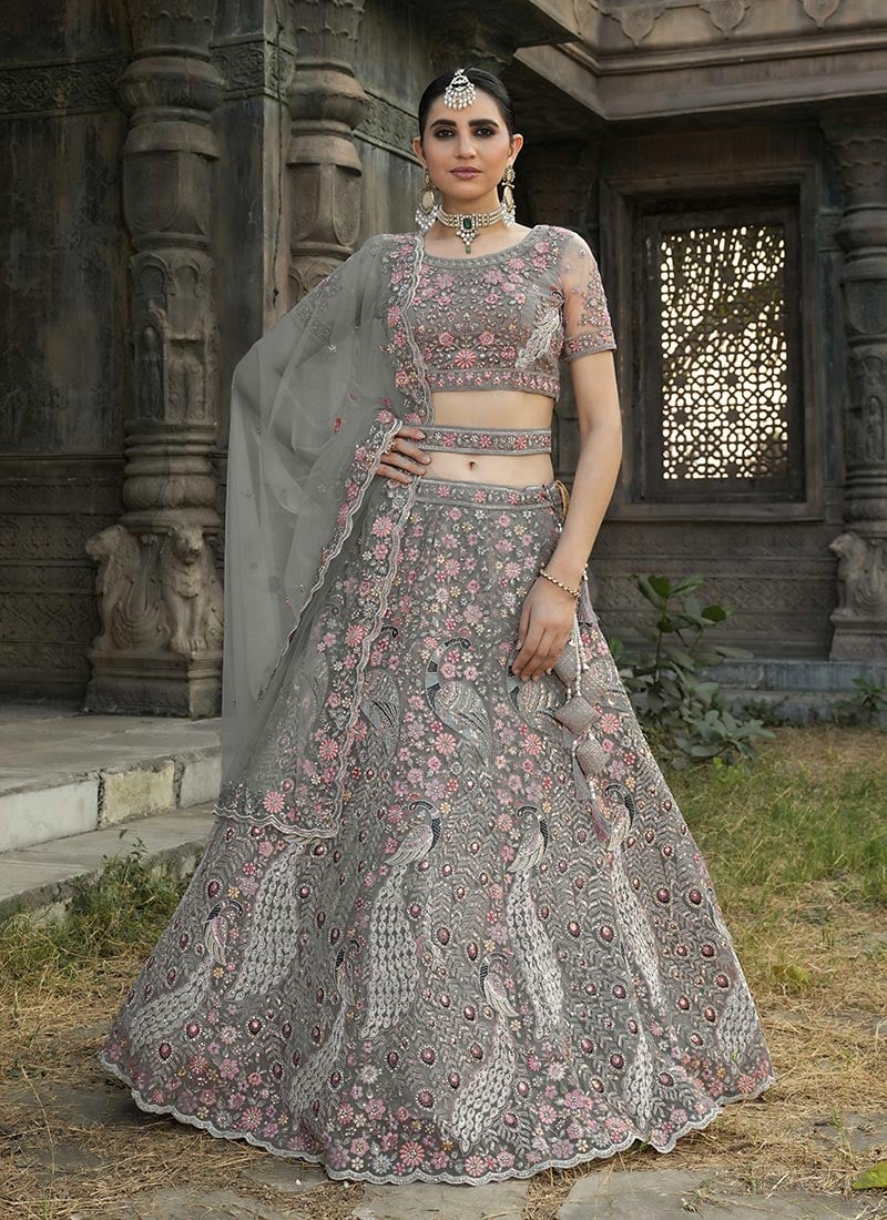 Grey Net Zari Embroidered Sequins With Stone Work Lehenga Wedding Wear-GHSCBKF3076GR
