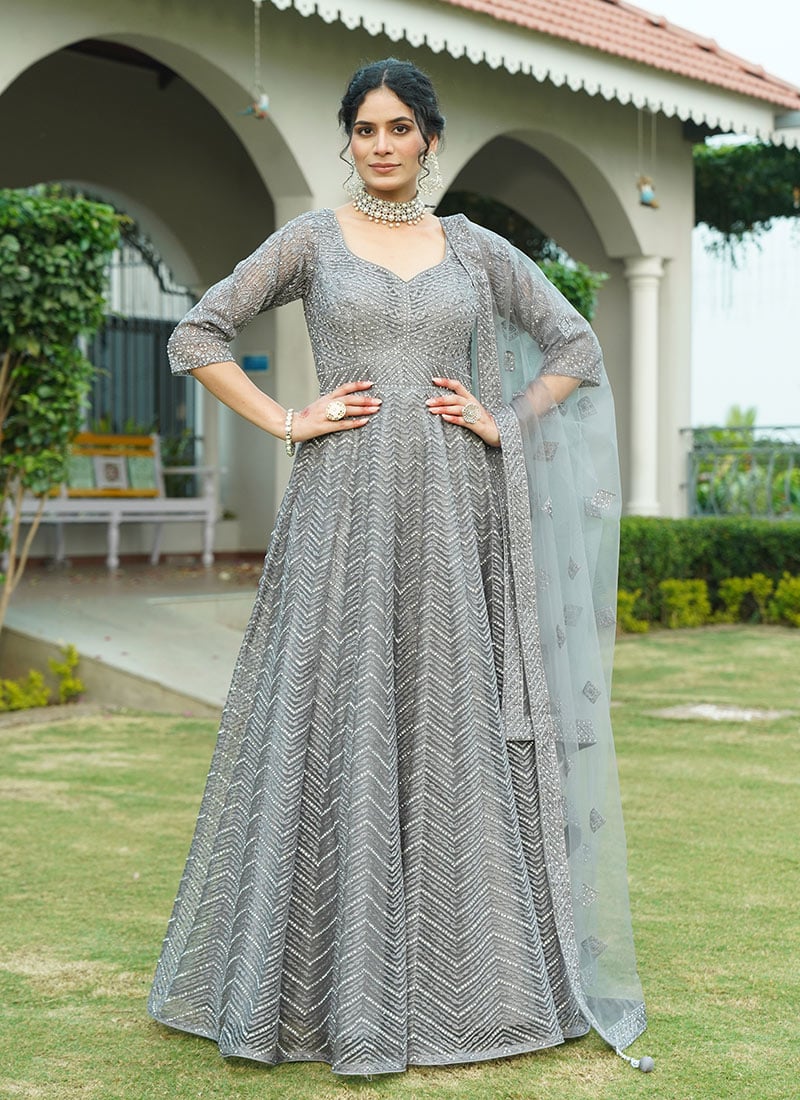Grey Net Zari Embroidered Stone Work Stunning Anarkali Suit Wedding Wear