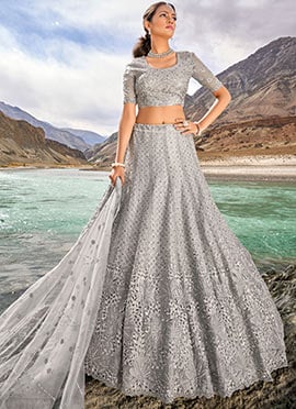 Grey Organza Embroidered Umbrella Lehenga