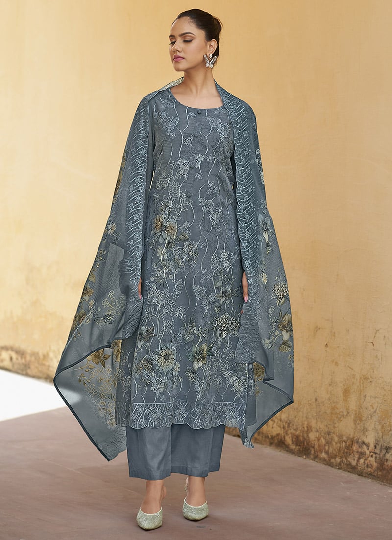 Grey Organza Embroidered Sequins And Digital Print Straight Pant Suit Festive Wear