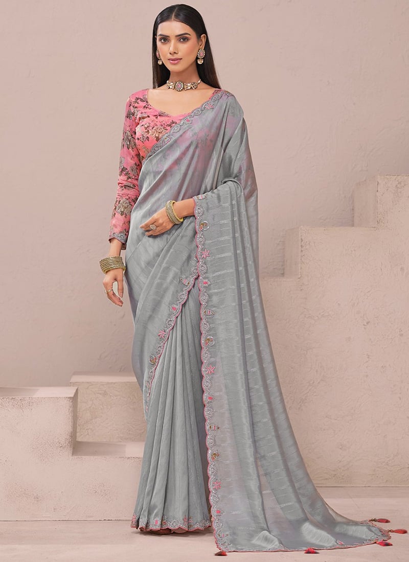 Grey Organza Embroidered Sequins Saree With Digital Print Blouse