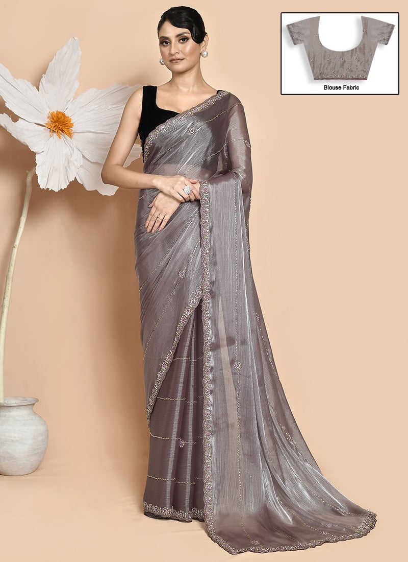 Grey Organza Hand Embroidered Saree Wedding Wear