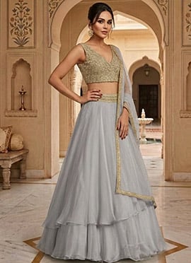 Grey Organza Hand Embroidered Sequins Lehenga
