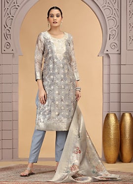 Grey Organza Jacquard Zari Sequins Beads Digital Print Hand Embroidered Straight Pant Suit Festive Wear