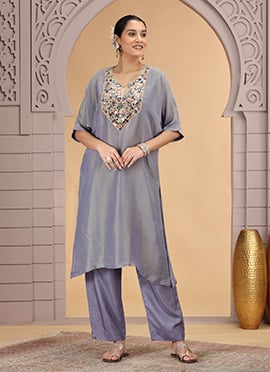 Grey Organza Shimmer Mirror Work Kurta Straight Pant Set Festive Wear