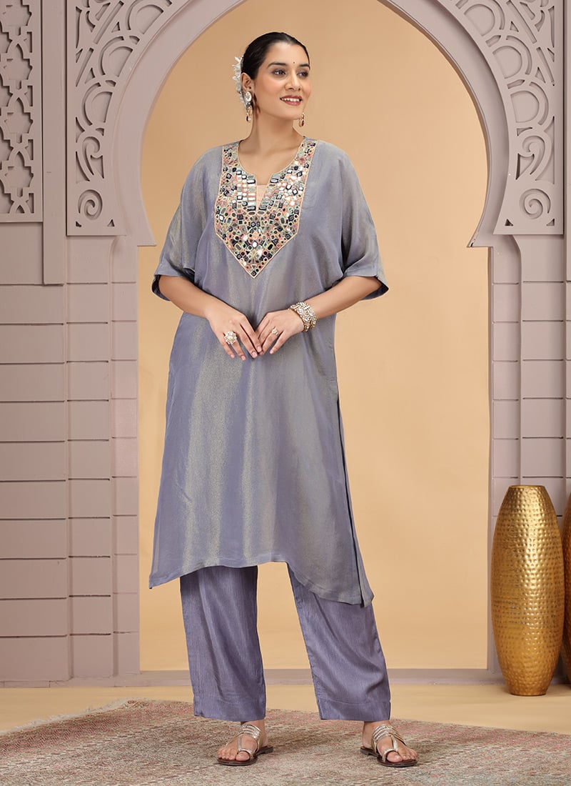 Grey Organza Shimmer Mirror Work Kurta Straight Pant Set Festive Wear