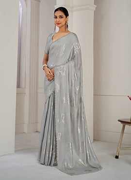 Grey Organza Zari And Stone Work Saree Festive Wear