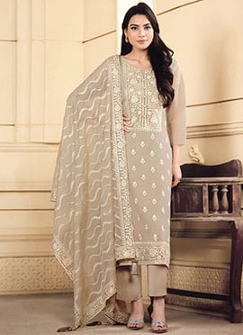Grey Organza Zari Embroidered  Straight Pant Suit